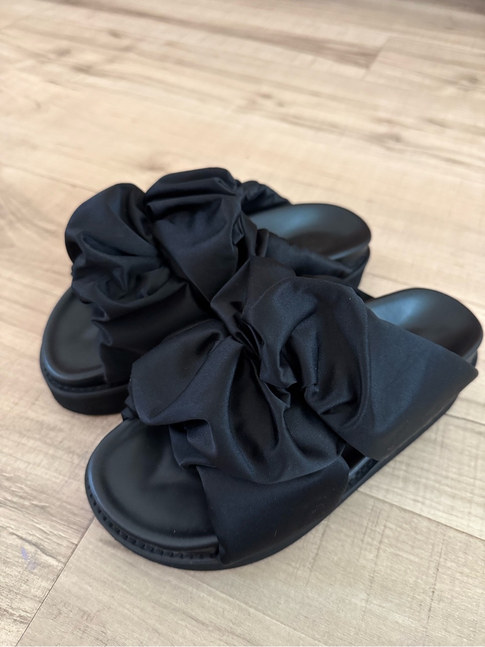 Ganni Black Ruched Bow Slide Sandals